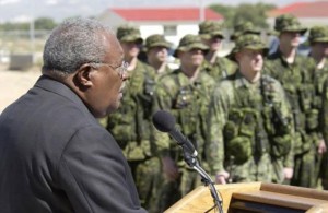 Unelected coup Prime Minister Gerard Latortue speaks to Canadian soldiers.